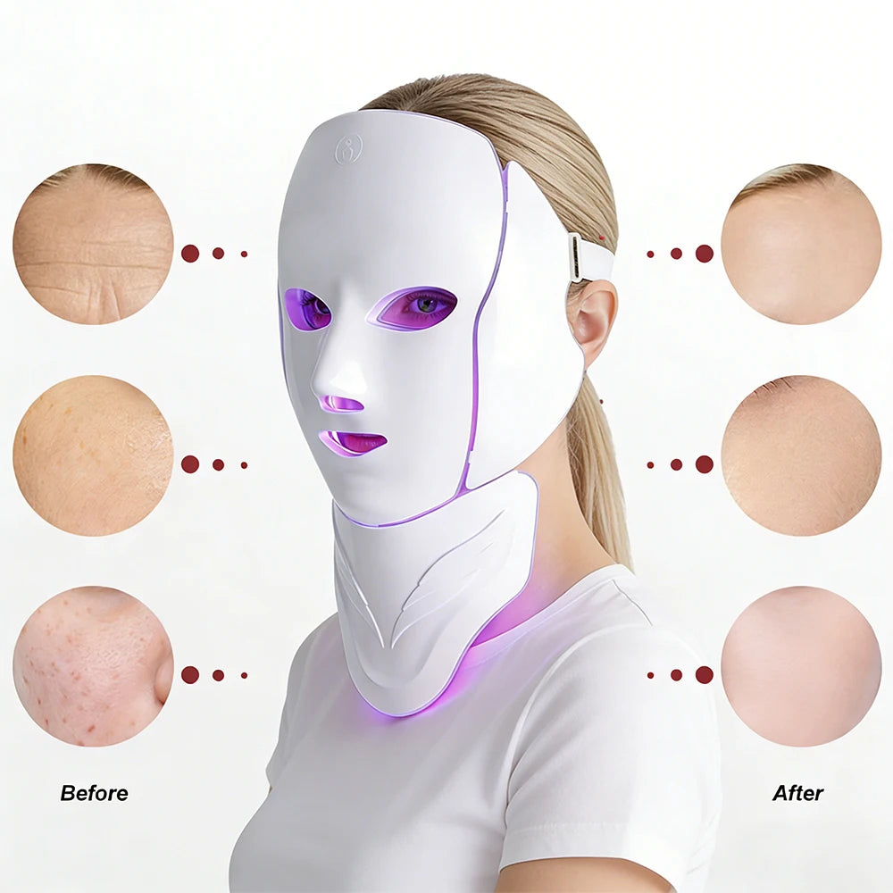 Masque LED Visage & Cou 7 Couleurs — Photothérapie Anti-Âge & Anti-Acné | 138 LEDs