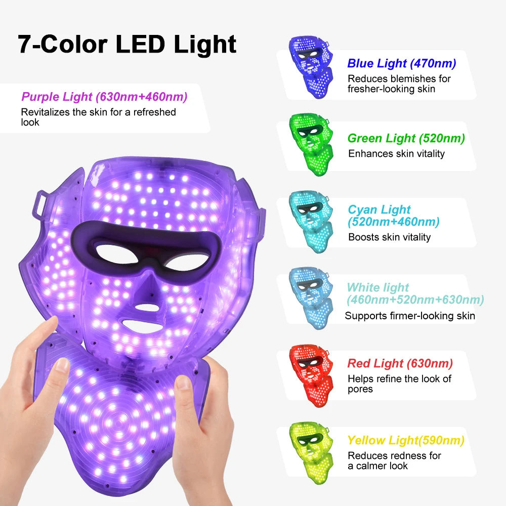 Masque LED Visage & Cou 7 Couleurs — Photothérapie Anti-Âge & Anti-Acné | 138 LEDs