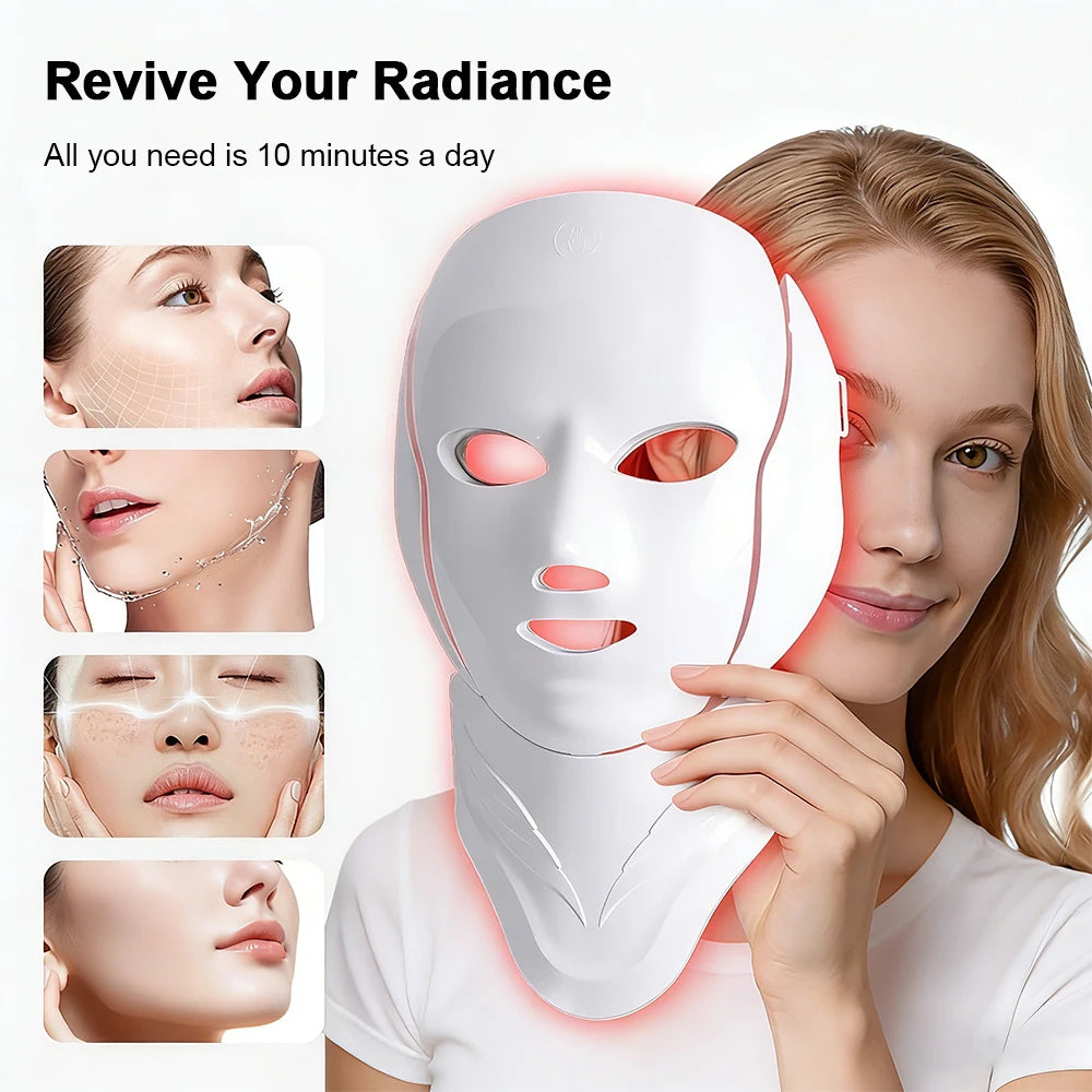 Masque LED Visage & Cou 7 Couleurs — Photothérapie Anti-Âge & Anti-Acné | 138 LEDs