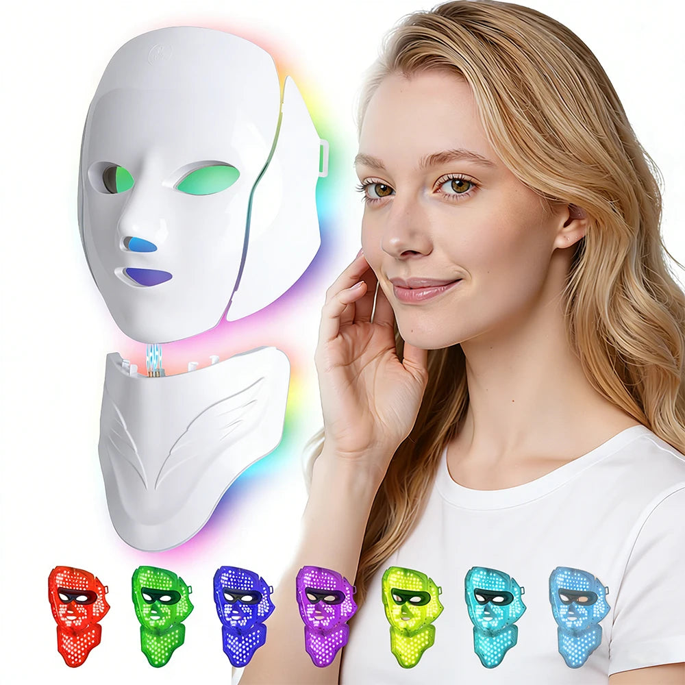 Masque LED Visage & Cou 7 Couleurs — Photothérapie Anti-Âge & Anti-Acné | 138 LEDs