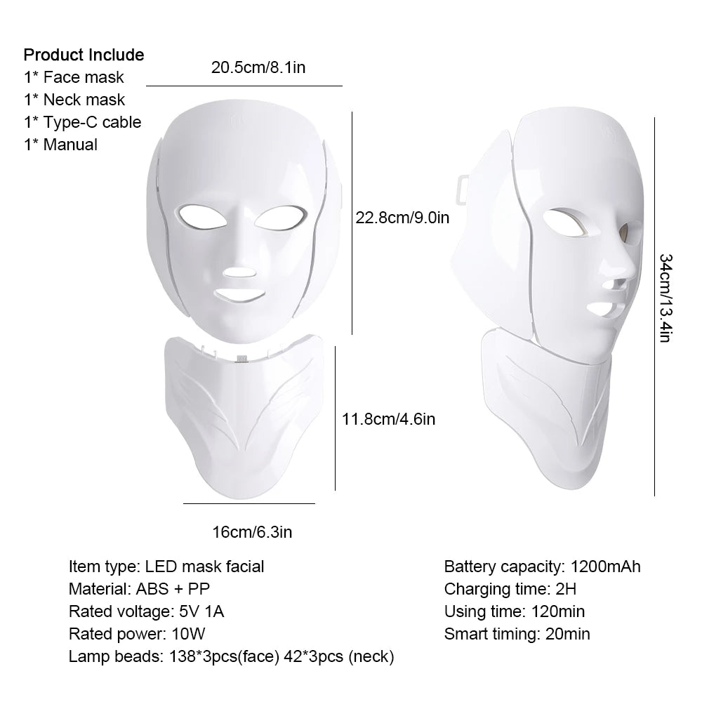 Masque LED Visage & Cou 7 Couleurs — Photothérapie Anti-Âge & Anti-Acné | 138 LEDs